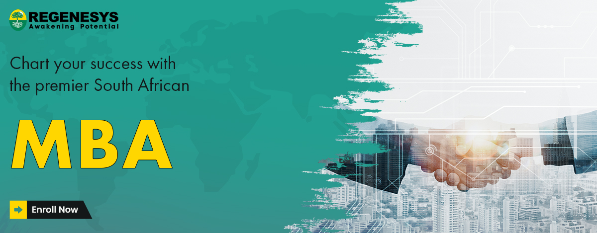 Two MBA students in South Africa shaking hands in front of a university campus.