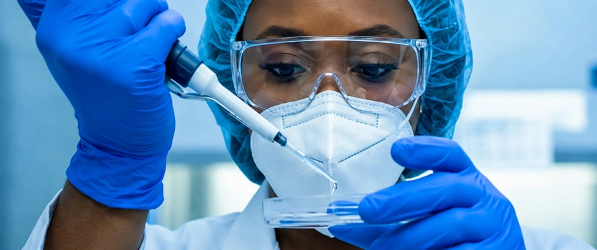 Healthcare professional applying infection control measures in a laboratory