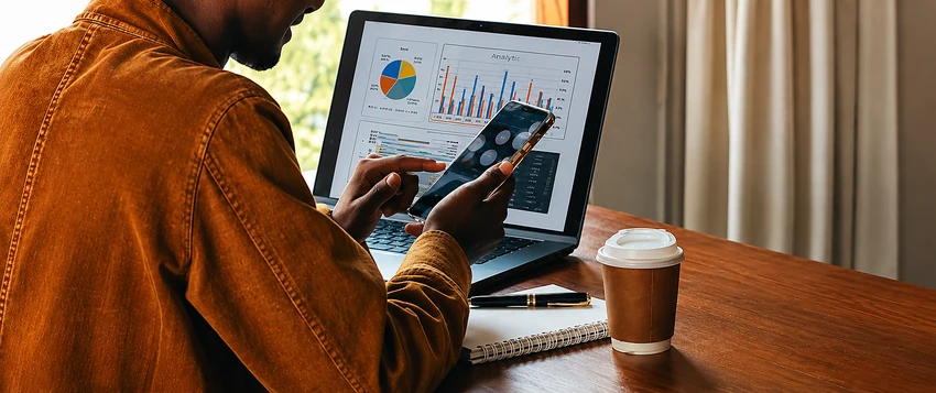 Digital marketing professional analysing campaign data across a laptop and mobile device