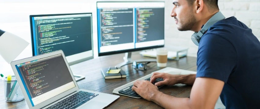 Software developer working on code