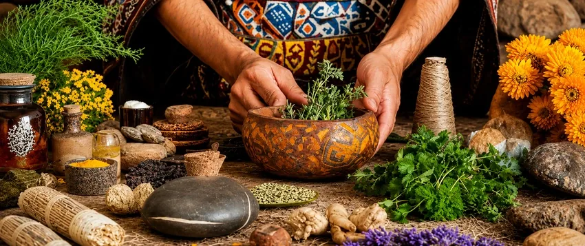 Traditional medicine practitioner preparing medicinal herbs and plant remedies