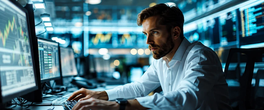 Computer science professional working with multiple data and technology screens