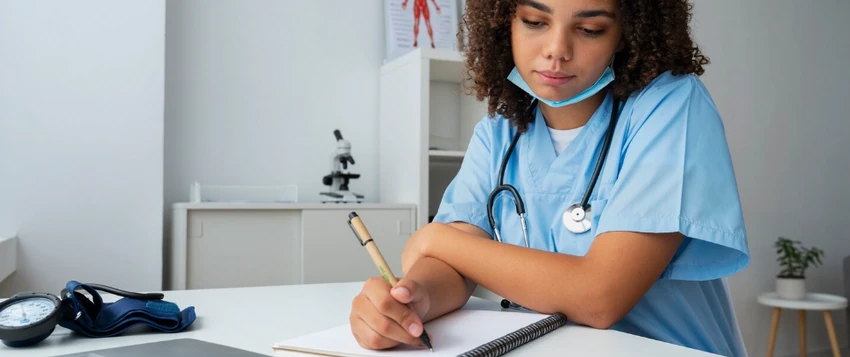 Healthcare professional using a laptop while working with digital health information