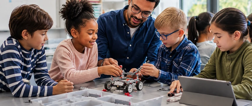 Teacher guiding South African learners as they build a robotics project in a STEM classroom