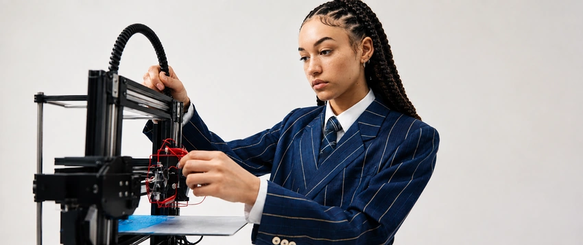 Young woman working with a 3D printer representing women in STEM and technology education
