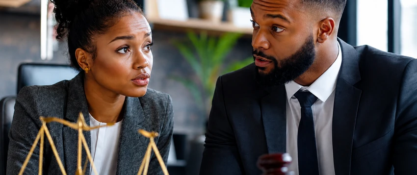 Paralegal and lawyer discussing a legal matter in an office