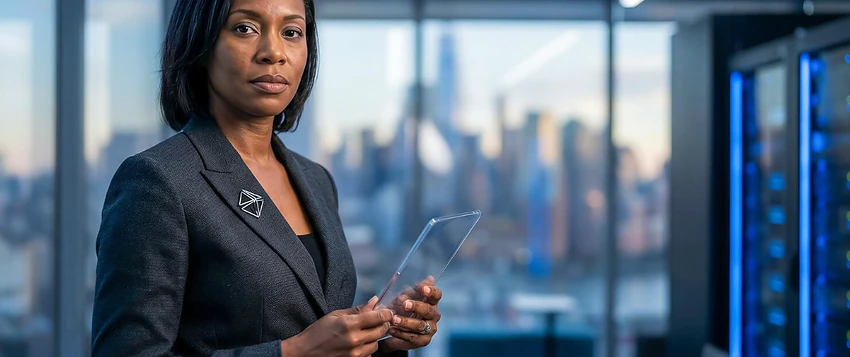 South African public administration professional holding a tablet in a modern office