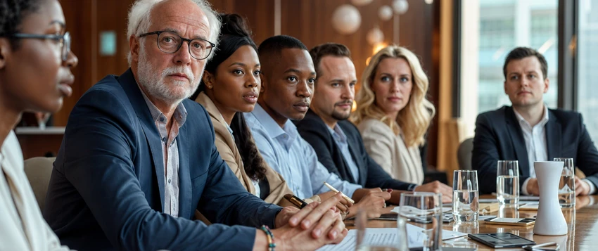 Diverse public management professionals discussing governance and leadership in a formal meeting