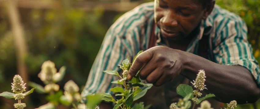 Traditional health practitioner examining medicinal plants used in African traditional medicine