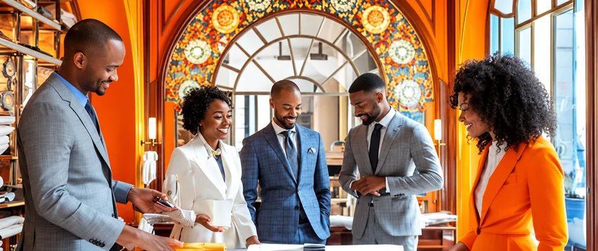Young African business leaders collaborating around a table in a modern workspace, representing entrepreneurship, leadership and innovation