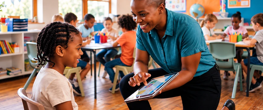 Teacher supporting a learner in the classroom for World Teachers' Day