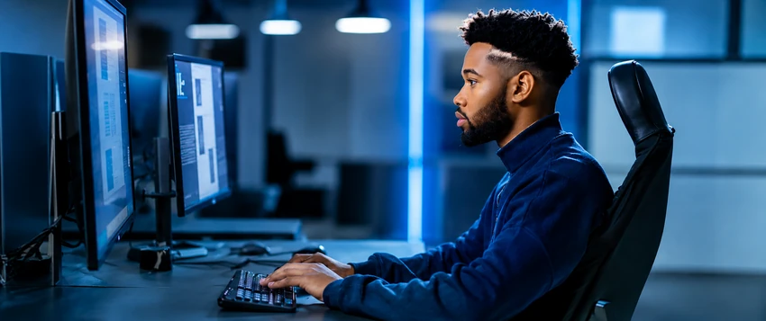IT support professional working across multiple computer systems in a technical office environment
