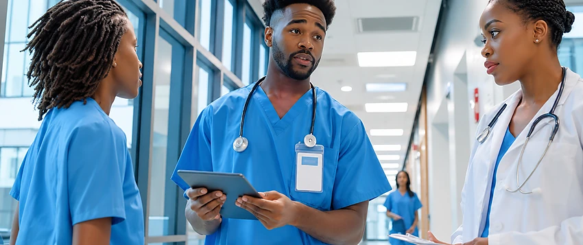 South African healthcare professionals collaborating in a modern hospital environment