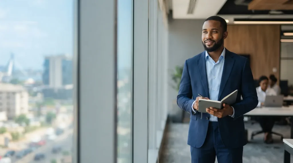 Nigerian business professional taking notes in a Lagos office. MBA essentials for Nigerian students