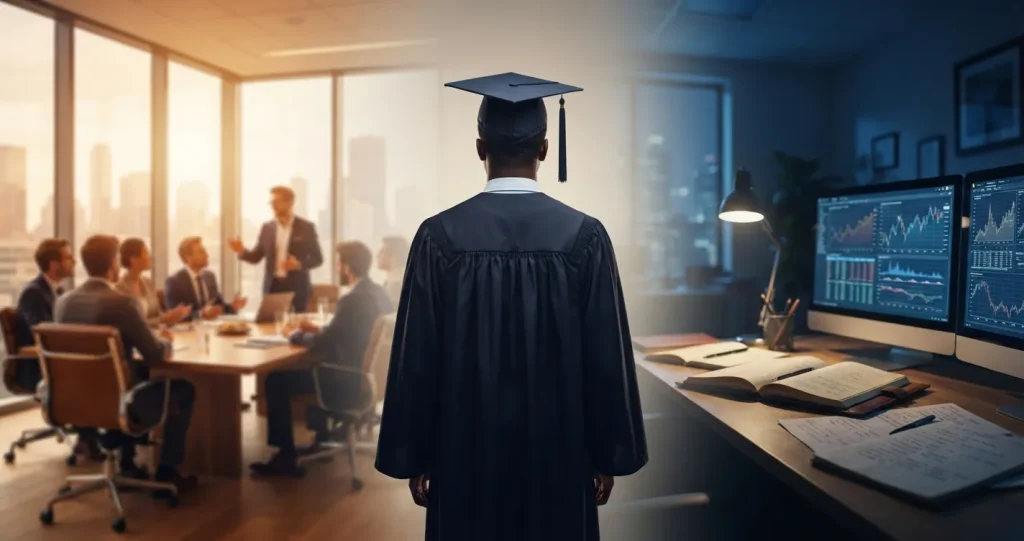 Graduate in cap and gown between a boardroom meeting and data analytics screens, representing the MBA versus MSc choice