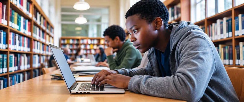 South African student researching universities open for 2027 applications on a laptop in a library