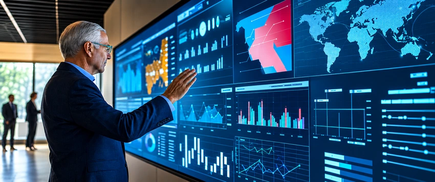 Business professional analysing data dashboards and statistical charts to support data-driven decision-making