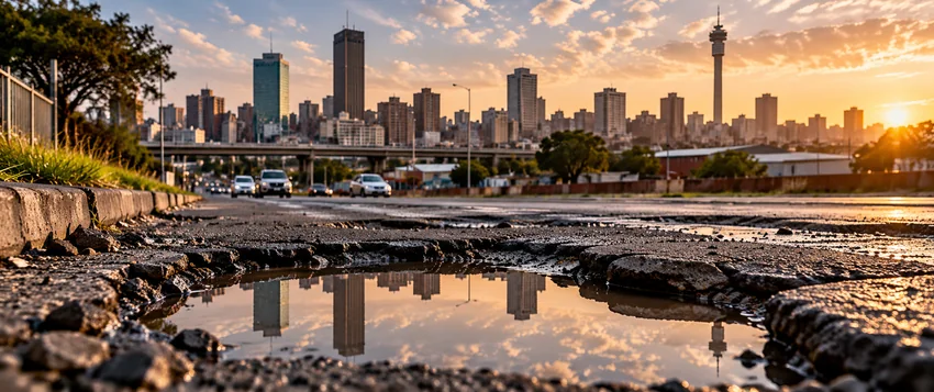 Damaged urban road illustrating municipal infrastructure and service delivery challenges in South Africa
