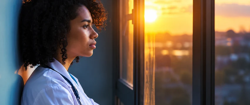 Young professional looking thoughtfully out of a window at sunset, representing the invisible emotional impact of trauma, resilience and recovery
